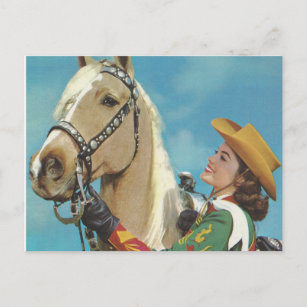 Vintage Western Cowgirl och Palomino Horse Vykort