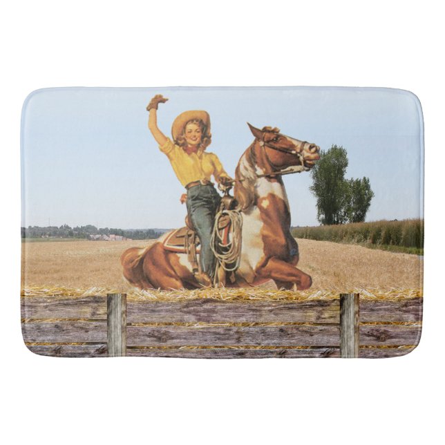 Vintage Western Cowgirl on Horse Wave Badrumsmatta (Framsidan)