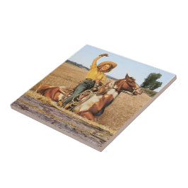 Vintage Western Cowgirl on Horse Wave Kakelplatta