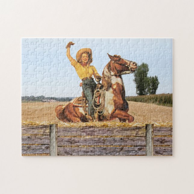 Vintage Western Cowgirl on Horse Wave Pussel (Horisontell)