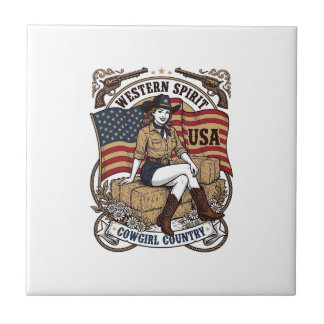 Vintage Western Cowgirl Patriotisk Shirt Design_1 Kakelplatta