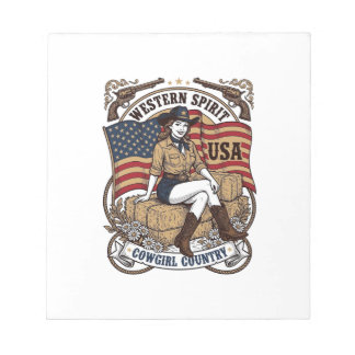 Vintage Western Cowgirl Patriotisk T-Shirt Design_ Anteckningsblock