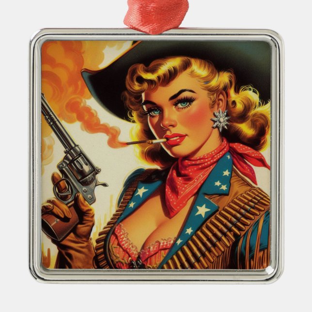 Vintage Western Cowgirl Pin Up Julgransprydnad Metall (Framsidan)