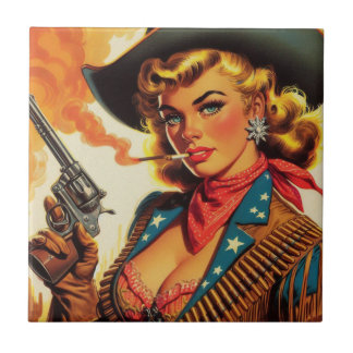 Vintage Western Cowgirl Pin Up Kakelplatta