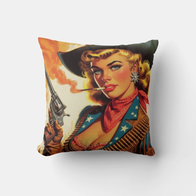 Vintage Western Cowgirl Pin Up Kudde (Framsida)