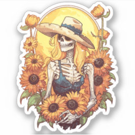 Vintage Western Cowgirl Skeleton med solblommor Klistermärken