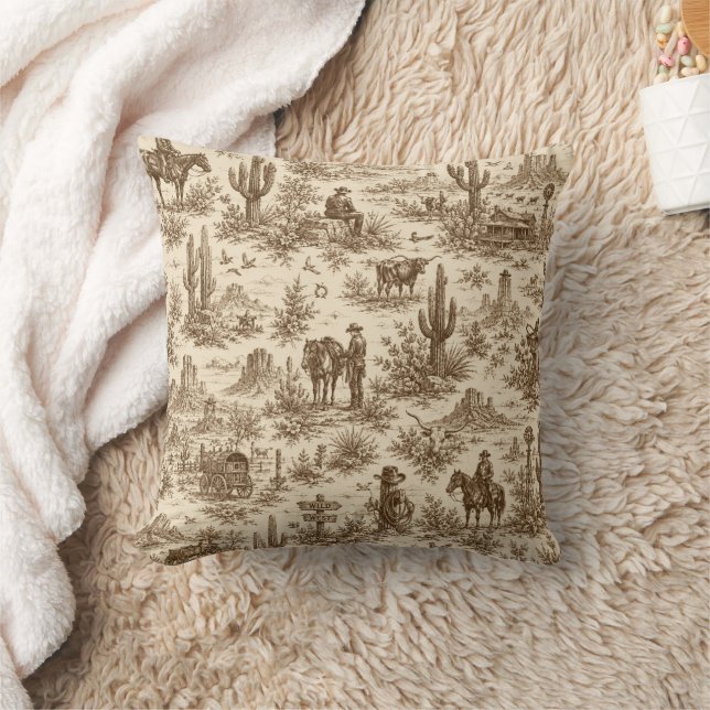 Vintage Western Desert Toile Sömlöst Mönster Kudde (Filt)