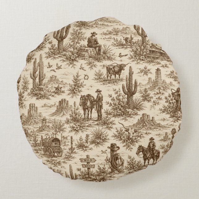 Vintage Western Desert Toile Sömlöst Mönster Rund Kudde (Baksidan)