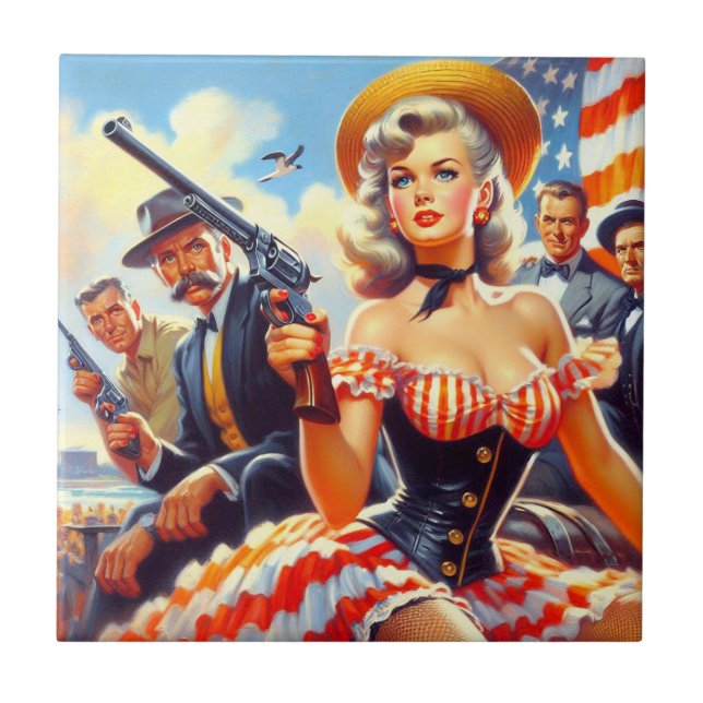 Vintage Western Pulp Girl Kakelplatta (Framsidan)