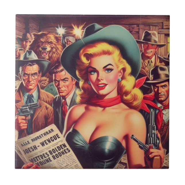 Vintage Western Pulp Girl Kakelplatta (Framsidan)