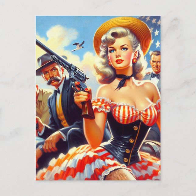 Vintage Western Pulp Girl Vykort (Framsida)