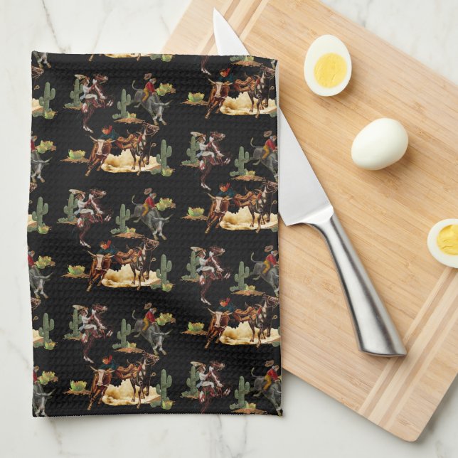 Vintage Western Rodeo Events Cowgirl Cowboy Kökshandduk (Vikt i Fjärdedel)