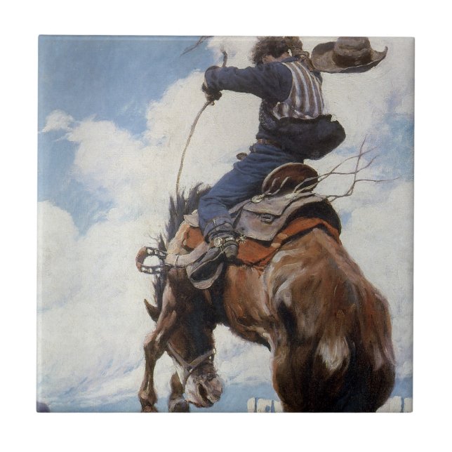 Vintage Westerna Cowboys, Bucking by NC Wyeth Kakelplatta (Framsidan)