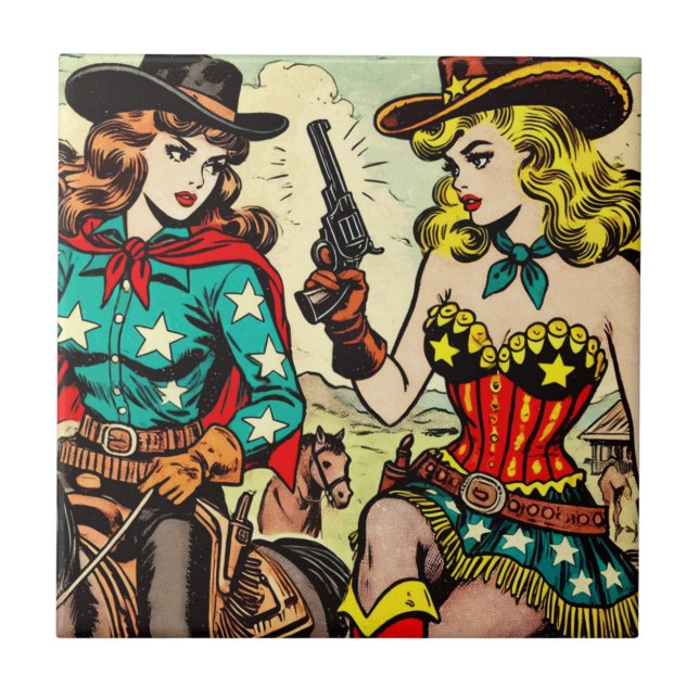 Vintage Westerna Cowgirl-Tecknader Kakelplatta (Framsidan)