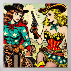 Vintage Westerna Cowgirl-Tecknader Poster