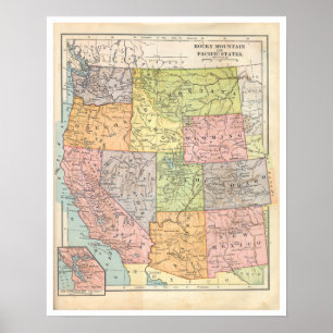 Vintage Westerna Stater Karta Poster