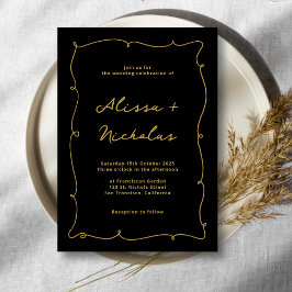 Vintage Whimsical Gräns Black och Guld Bröllop Inbjudningar