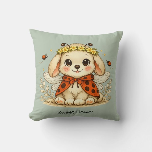 Vintage Whimsical Kanin Drönare Blomma Krona Konst Kudde (Framsida)