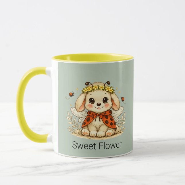 Vintage Whimsical Kanin Drönsmyg Blomster Krona Ko Mugg (Vänster)