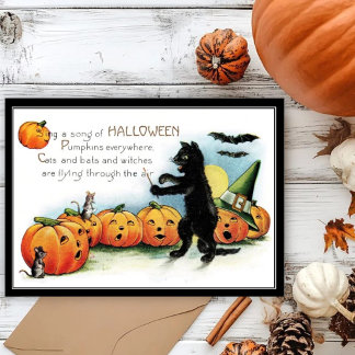 Vintage Whimsical Svart Katt & Möss Halloween Kort