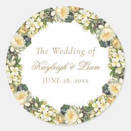 Vintage White Blommigt Guld Bröllop Runt Klistermärke