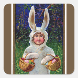 Vintage White Bunny Kostym Påsk Stripe Brown Fyrkantigt Klistermärke