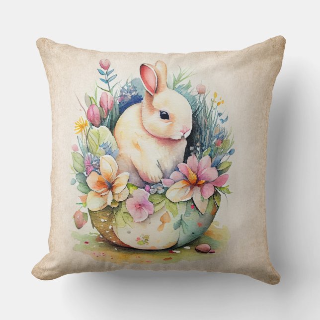 Vintage White Bunny med blommor Kudde (Framsida)