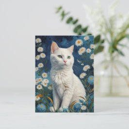 Vintage White Cat Flowers Blue Porträtt Van Gogh Vykort
