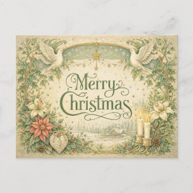 Vintage White Dove Christmas Wreath  Helg Vykort (Framsida)