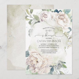Vintage White Flowers and Greenery Baby Shower Inbjudningar