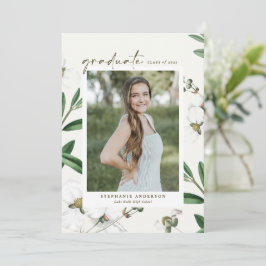 Vintage White Flowers Botanical Photo Studenten Inbjudningar
