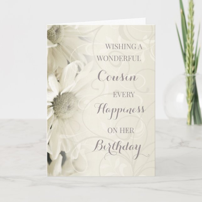 Vintage White Flowers Cousin Birthday Kort (Framsida)