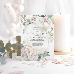 Vintage White Flowers och Greenery Birthday Inbjudningar