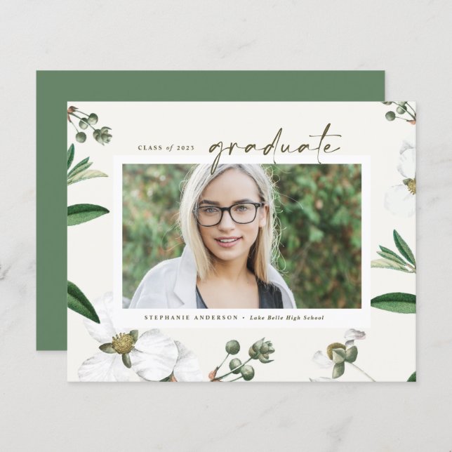 Vintage White Flowers Photo Studenten-inbjudan (Fram/baksida)