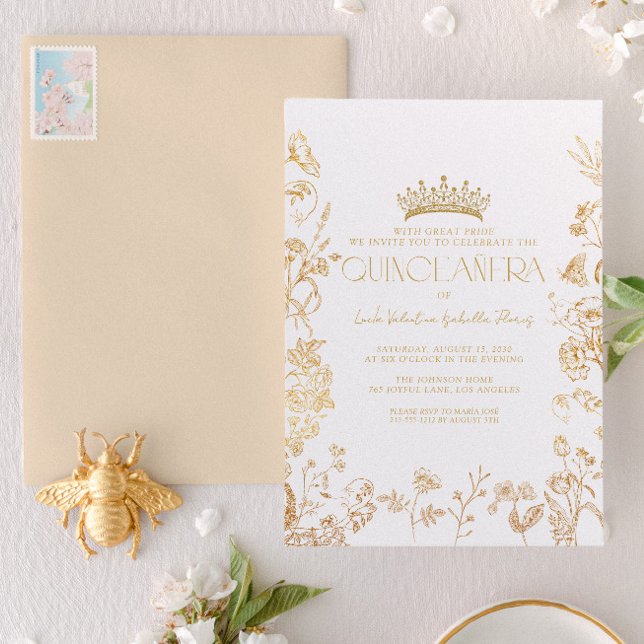 Vintage White Guld Tiara Blommigt Quinceañera Inbjudningar (Skapare uppladdad)