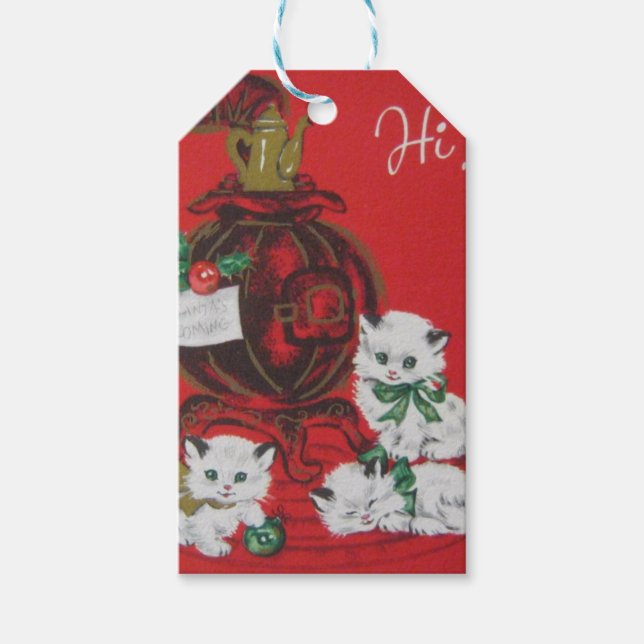 Vintage White jul Kittens Presentetikett (Framsidan)