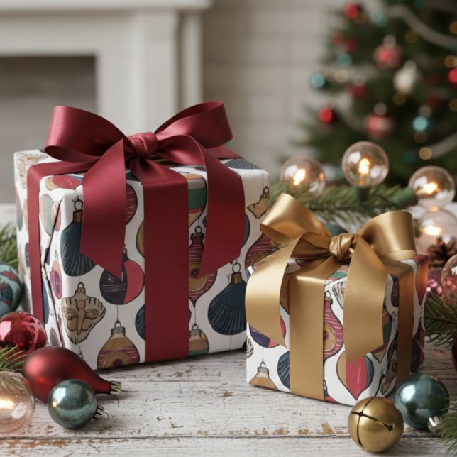 Vintage White Julafton Ornaments Svällning Papper Presentpapper (Chic Holiday Retro Wrapping Paper for Christmas. Stylish Elegant Vintage Xmas Ornaments Pattern )