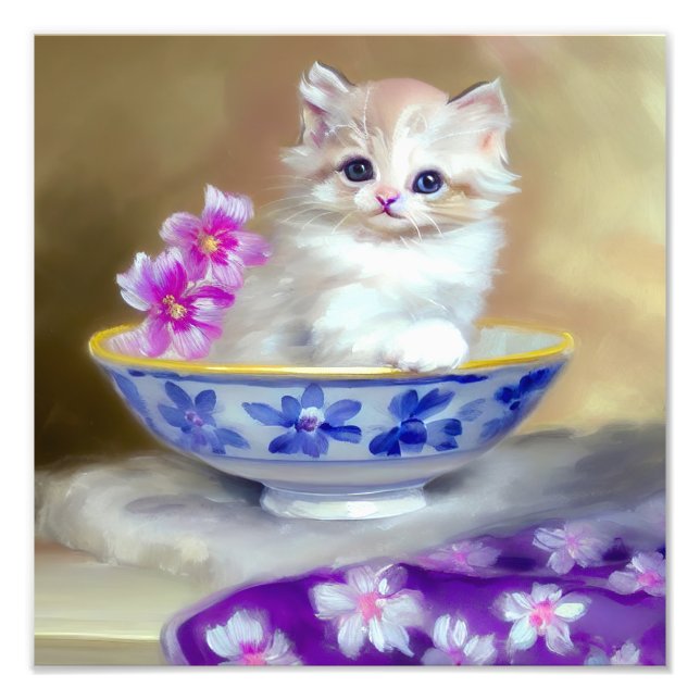 Vintage White Kitten Illustration Fototryck (Framsidan)