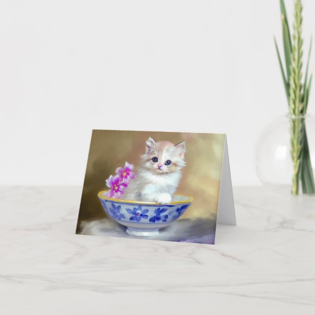 Vintage White Kitten Illustration Inbjudan (Framsida)