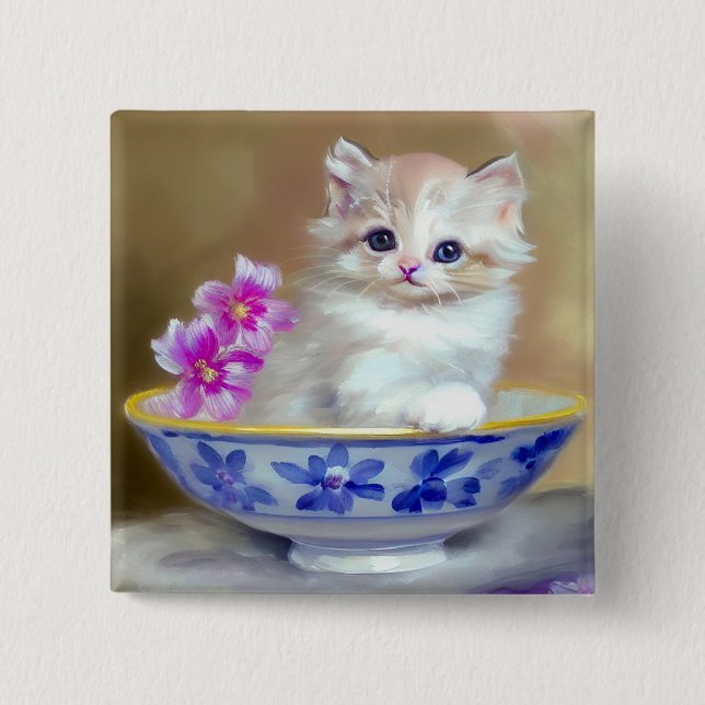 Vintage White Kitten Illustration Knapp (Framsida)