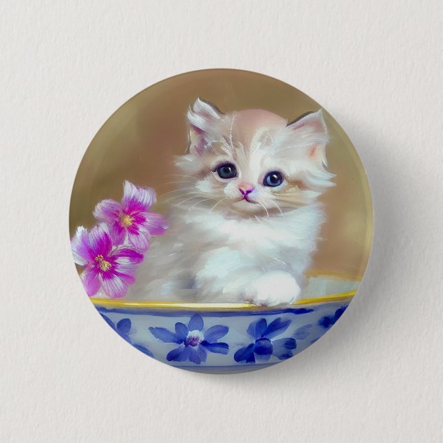 Vintage White Kitten Illustration Knapp (Framsida)