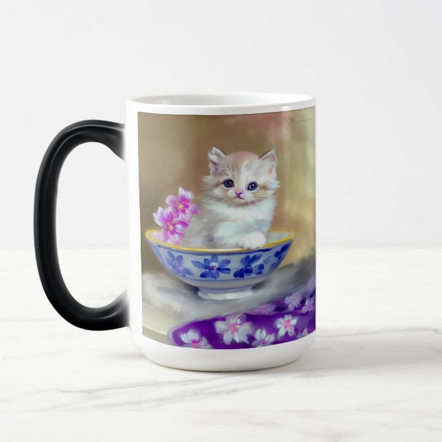 Vintage White Kitten Illustration Magisk Mugg (Vänster)