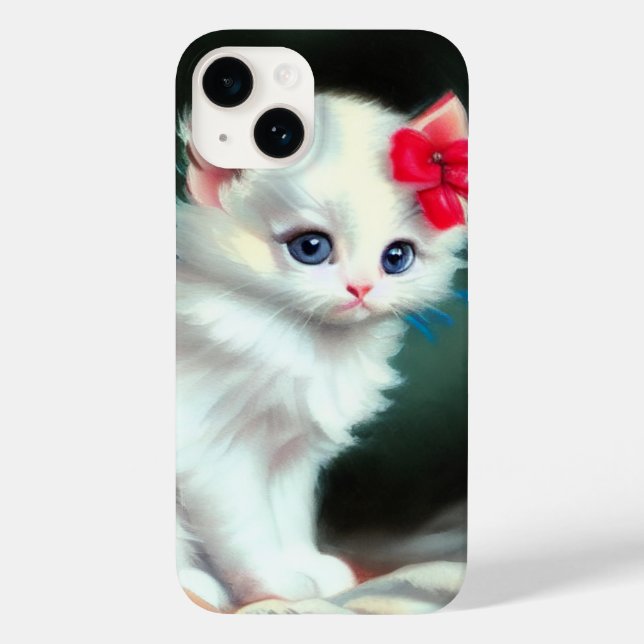 Vintage White Kitten Illustration med Red Flowers (Baksida)