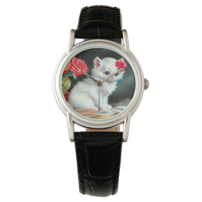 Vintage White Kitten Illustration med Red Flowers Armbandsur (Framsida)