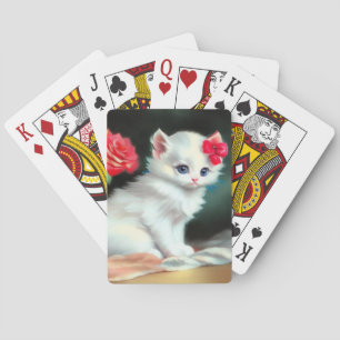Vintage White Kitten Illustration med Red Flowers Casinokort