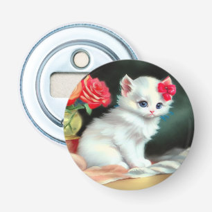 Vintage White Kitten Illustration med Red Flowers Flasköppnare
