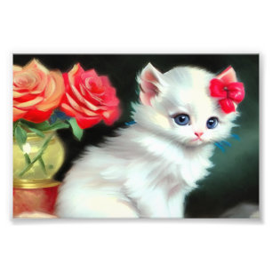 Vintage White Kitten Illustration med Red Flowers Fototryck