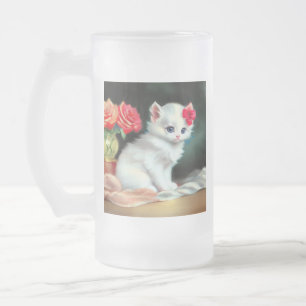 Vintage White Kitten Illustration med Red Flowers Frostat Ölglas