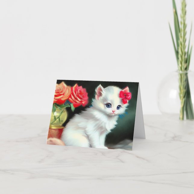 Vintage White Kitten Illustration med Red Flowers Inbjudan (Framsida)
