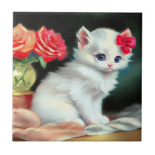 Vintage White Kitten Illustration med Red Flowers Kakelplatta